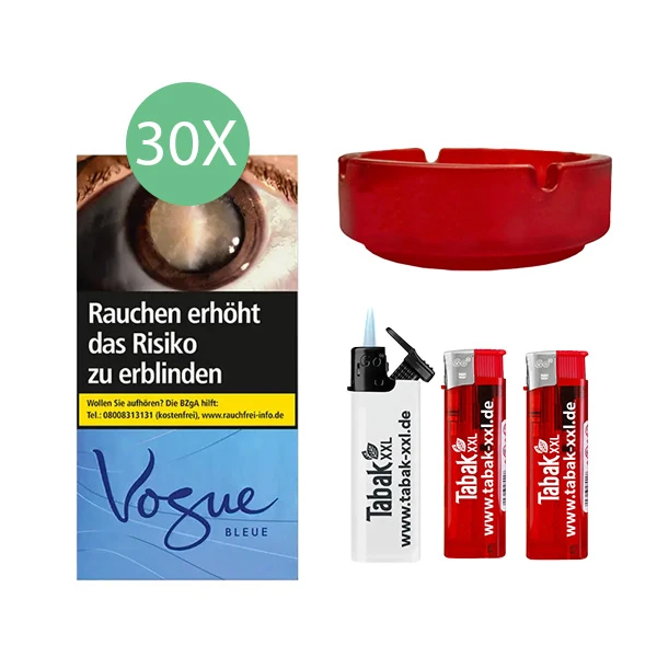 30x Vogue Zigaretten Bleue Original Pack + 2x Elektro-Feuerzeuge + 1x Sturmfeuerzeug + 1x Aschenbecher