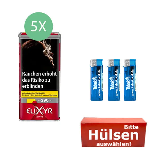 Elixyr Volumentabak Red 5 x Dose mit wählbaren Hülsen und Feuerzeugen Elixyr Volumentabak Red 5 x Dose mit wählbaren Hülsen und Feuerzeugen