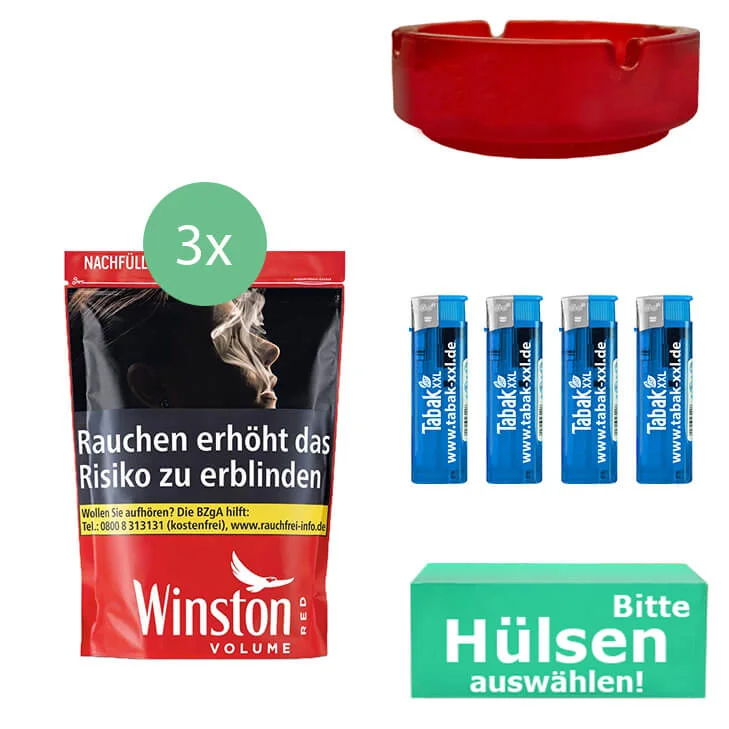 Winston Tabak Red XXXL 3 x Beutel mit wählbaren Hülsen und Aschenbecher