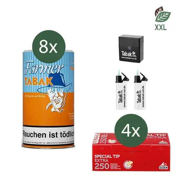 8x Farmer Pfeifentabak Orange Dose mit 1000 Extra Size Hülsen und Etui