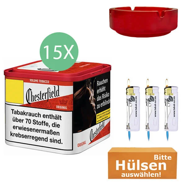 Chesterfield Tabak Red 15 x Dose mit wählbaren Hülsen und Glasaschenbecher Chesterfield Tabak Red 15 x Dose mit wählbaren Hülsen und Glasaschenbecher