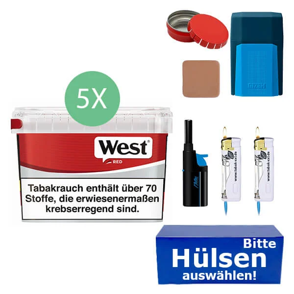 west-tabak-red-5-x-mega-box-mit-waehlbaren-huelsen-und-stabfeuerzeug