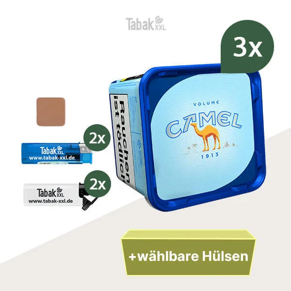 3x Camel Volumentabak Blue Eimer mit wählbaren Hülsen und Tabakbefeuchter