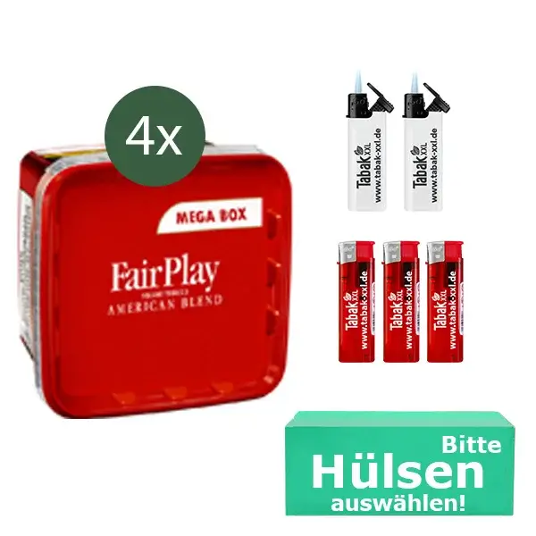 FairPlay Tabak 4 x Mega Box mit wählbaren Filterhülsen und Sturmfeuerzeug