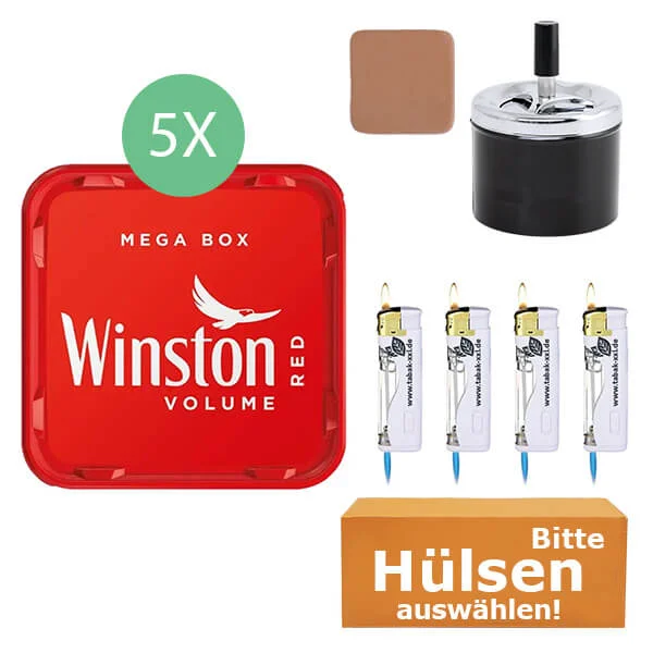 Winston Tabak Red 5 x Mega Box mit wählbaren Hülsen und Drehaschenbecher