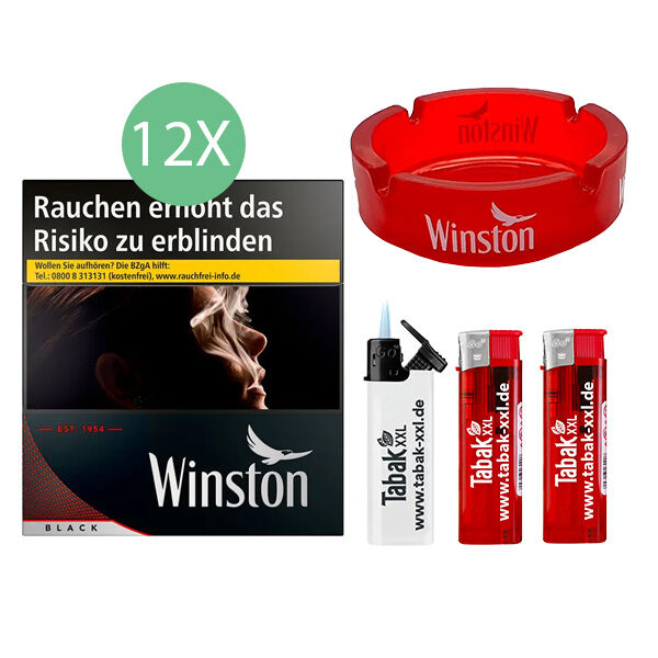 12x Winston Zigaretten Black 5XL 2x elektro Feuerzeuge 1x Sturmfeuerzeug 1x Glasaschenbecher