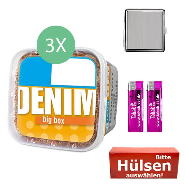 Denim Tabak 3 x Big Box mit wählbaren Hülsen und Metall Etui Denim Tabak 3 x Big Box mit wählbaren Hülsen und Metall Etui