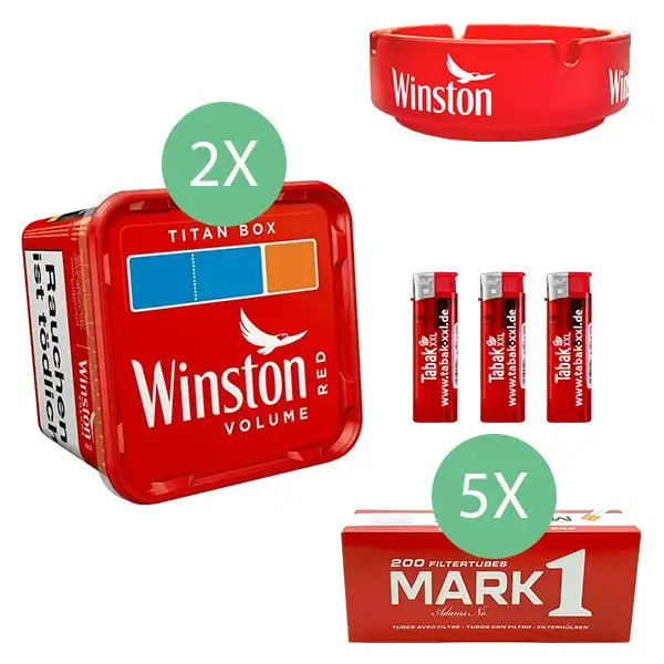 Winston Volumentabak Red 2 x Titan Box mit 1000 Filterhülsen und Glasaschenbecher