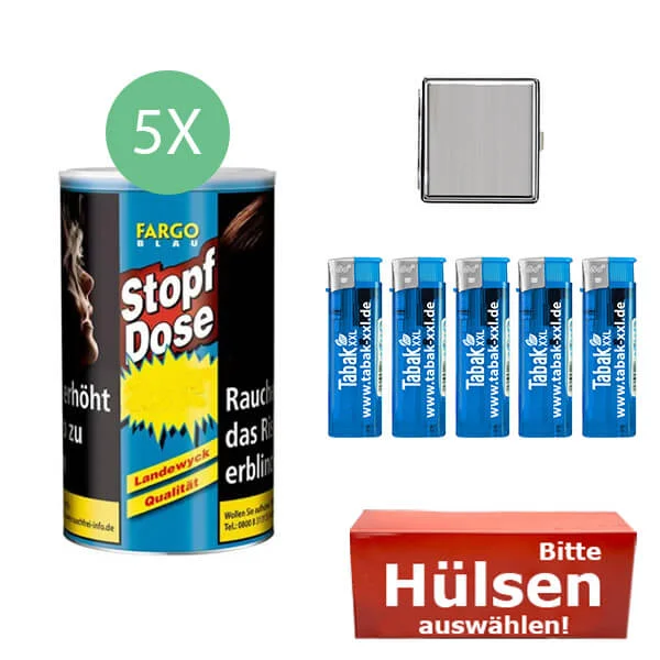 Fargo Tabak 5 x Stopf-Dose Blau mit wählbaren Hülsen und Etui Fargo Tabak 5 x Stopf-Dose Blau mit wählbaren Hülsen und Etui