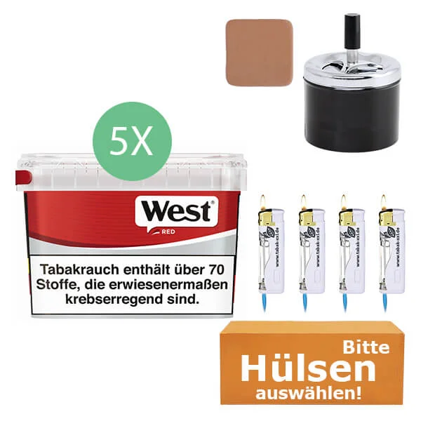West Tabak Red 5 x Mega Box mit wählbaren Hülsen und Aschenbecher West Tabak Red 5 x Mega Box mit wählbaren Hülsen und Aschenbecher