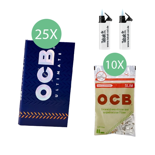 25x-ocb-blaettchen-ultimate-double-100-blatt-+-10x-ocb-organic-slim-filter-+-2x-sturmfeuerzeuge 25x-ocb-blaettchen-ultimate-double-100-blatt-+-10x-ocb-organic-slim-filter-+-2x-sturmfeuerzeuge