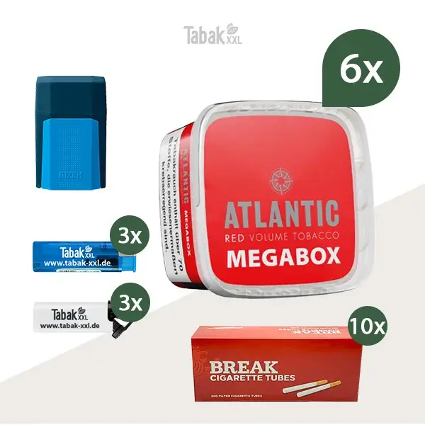 6x Atlantic Volumentabak Red Megabox mit 2000 Hülsen und Etui 6x Atlantic Volumentabak Red Megabox mit 2000 Hülsen und Etui