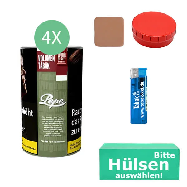 Pepe Tabak Rich Green 4 x Dose XXL mit wählbaren Hülsen und Aschenbecher Pepe Tabak Rich Green 4 x Dose XXL mit wählbaren Hülsen und Aschenbecher