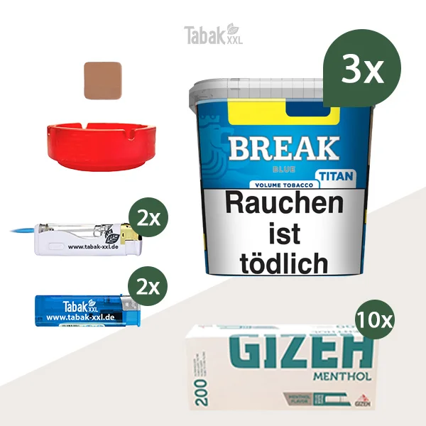 3x Break Volumentabak Blue Titan Box mit 2000 Menthol Hülsen 3x Break Volumentabak Blue Titan Box mit 2000 Menthol Hülsen