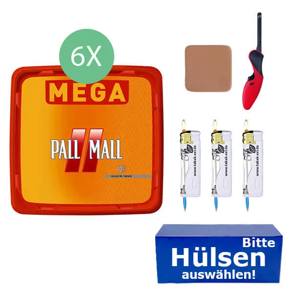 Pall Mall Tabak 6 x Mega Box mit wählbaren Hülsen und BBQ Feuerzeug