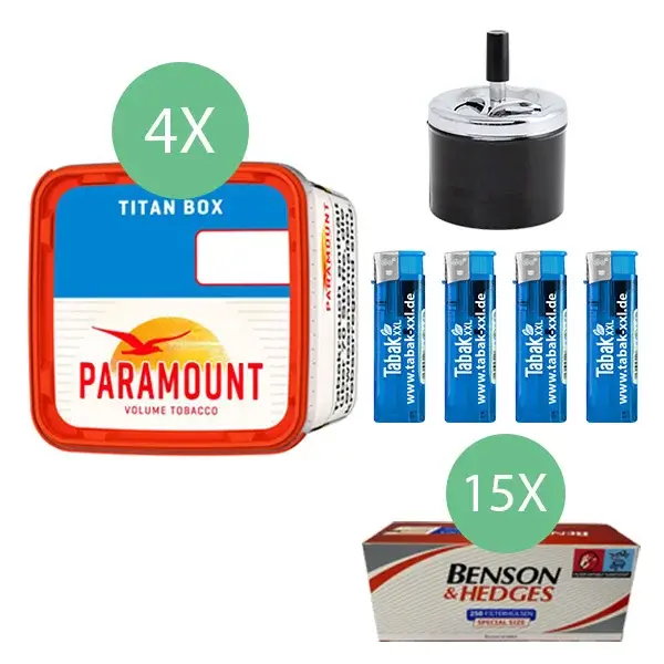 Paramount Volumentabak Red 4 x Titan Box mit 3750 Special Size Filterhülsen und Drehaschenbecher