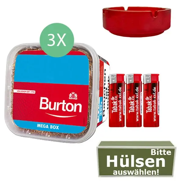 Burton Tabak Red 3 x Mega Box mit wählbaren Hülsen und Aschenbecher Burton Tabak Red 3 x Mega Box mit wählbaren Hülsen und Aschenbecher
