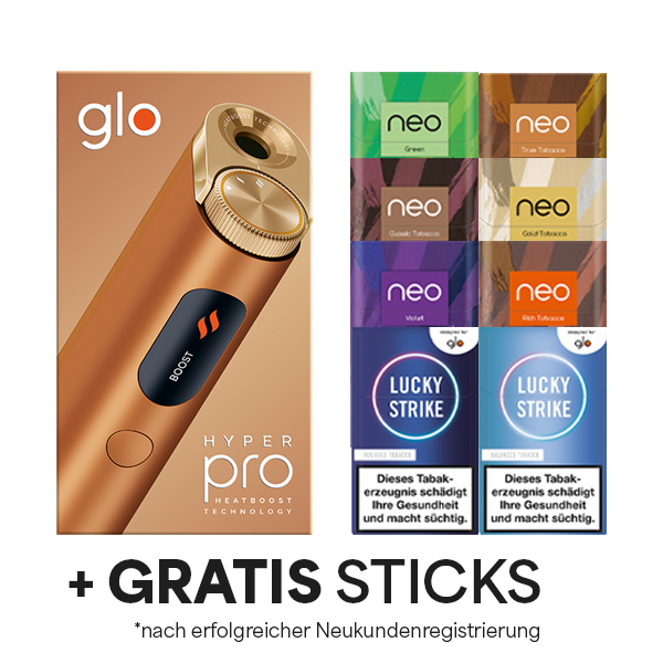 Die Glo Hyper Pro Amber Bronze mit Gratis Sticks nach erfolgreicher Neukundenregistrierung