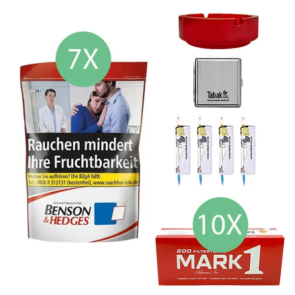Benson & Hedges Tabak 7 x Beutel mit Mark Hülsenmark_hulsen_metalletui Benson & Hedges Tabak 7 x Beutel mit Mark Hülsen