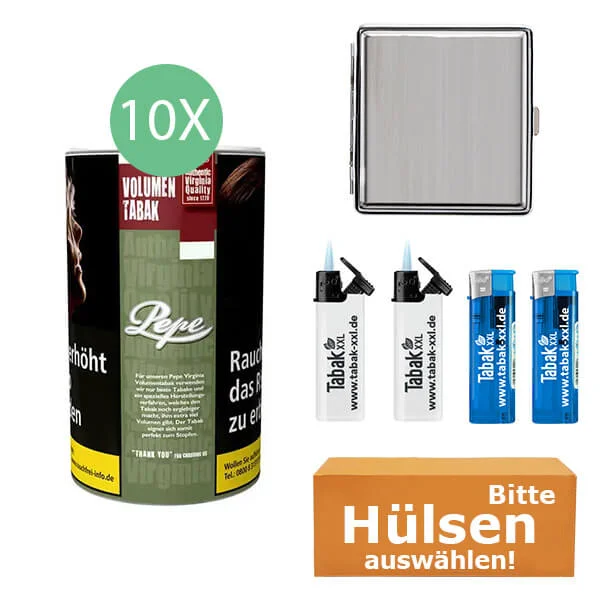 Pepe Tabak Rich Green 10 x Dose XXL mit wählbaren Hülsen und Metall Etui Pepe Tabak Rich Green 10 x Dose XXL mit wählbaren Hülsen und Metall Etui