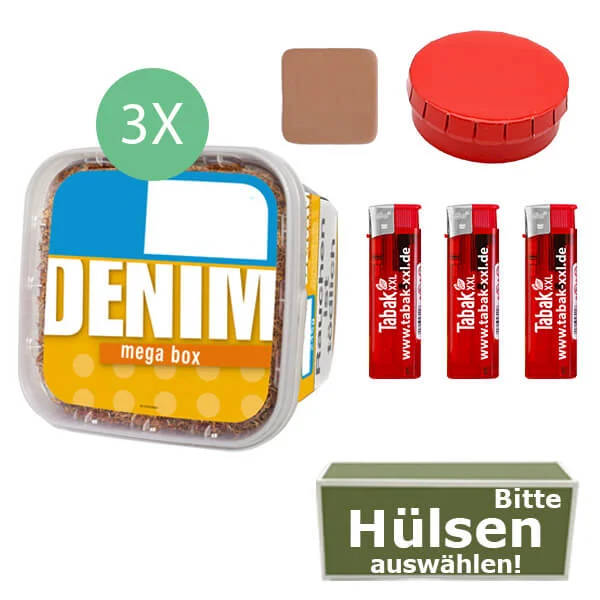 Denim Tabak 3 x Mega Box mit wählbaren Hülsen und Aschenbecher Denim Tabak 3 x Mega Box mit wählbaren Hülsen und Aschenbecher