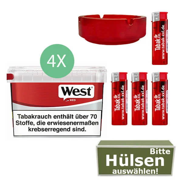 West Tabak Red 4 x Mega Box mit wählbaren Hülsen und Glasaschenbecher West Tabak Red 4 x Mega Box mit wählbaren Hülsen und Glasaschenbecher