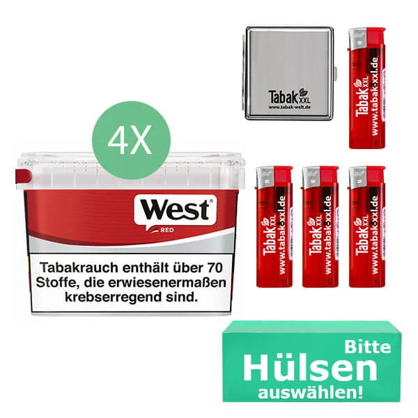 West Tabak Red 4 x Mega Box mit wählbaren Hülsen und Metall Etui West Tabak Red 4 x Mega Box mit wählbaren Hülsen und Metall Etui