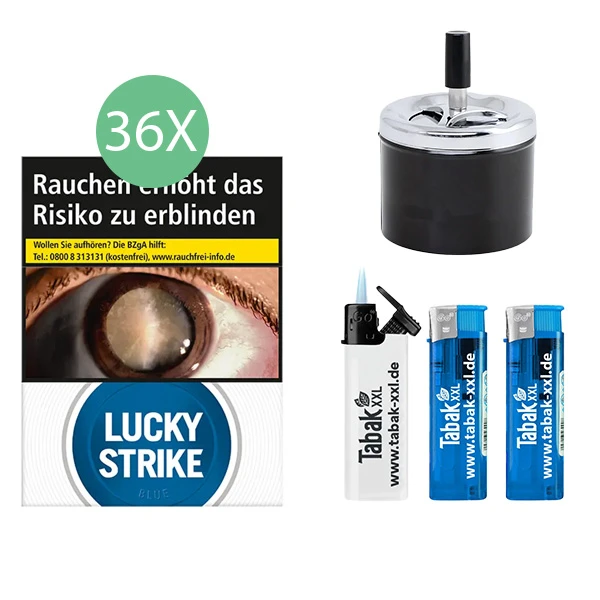 36x Lucky Strike Zigaretten Blue Giga 2x Elektro-Feuerzeuge 1x Sturmfeuerzeug 1x Aschenbecher 36x Lucky Strike Zigaretten Blue Giga 2x Elektro-Feuerzeuge 1x Sturmfeuerzeug 1x Aschenbecher