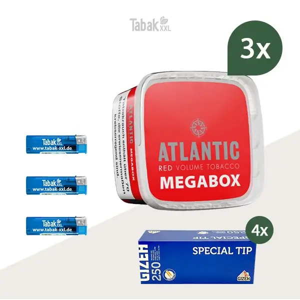 3x Atlantic Volumentabak Red Megabox mit 1000 Special Tip Hülsen 3x Atlantic Volumentabak Red Megabox mit 1000 Special Tip Hülsen