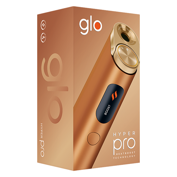 Die Glo Hyper Pro in der Farbe Amber Bronze in Verpackung vertikal ausgerichtet im Aktionspack mit Sticks