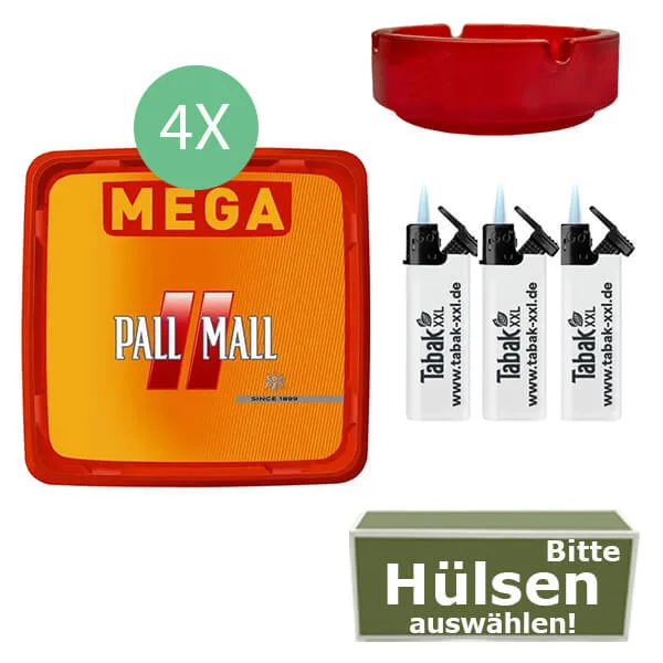 Pall Mall Tabak 4 x Mega Box mit wählbaren Hülsen und Aschenbecher