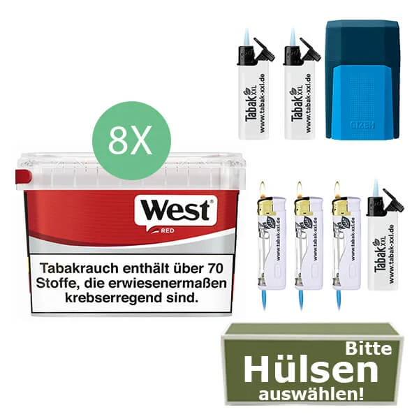 West Tabak Red 8 x Mega Box mit wählbaren Hülsen und Etui West Tabak Red 8 x Mega Box mit wählbaren Hülsen und Etui