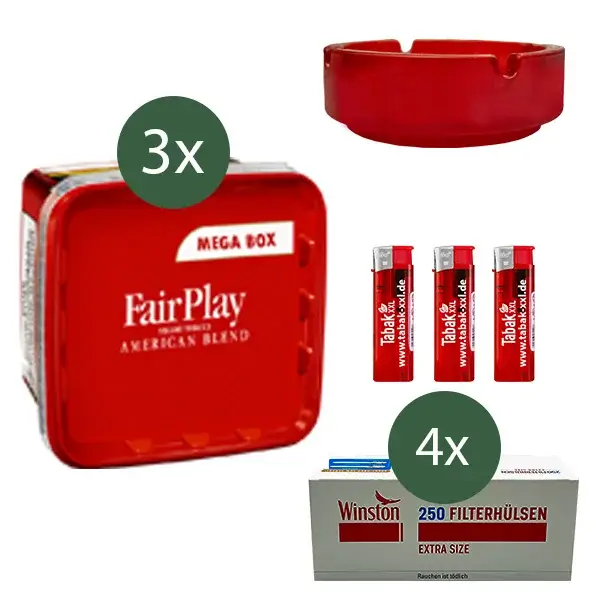 FairPlay Tabak 3 x Mega Box mit 1000 Extra Filterhülsen und Aschenbecher