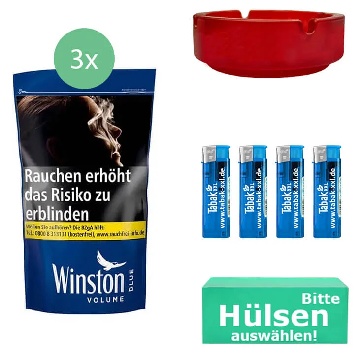 3 x Winston Blue Beutel mit Hülsen und Glasaschenbecher