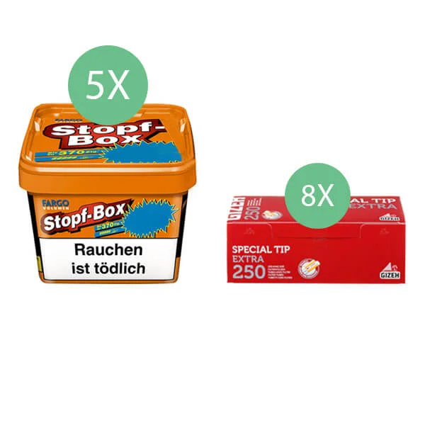 Fargo Tabak 5 x Stopf-Box Orange mit 2000 Gizeh Special Tip Extra Size Filterhülsen