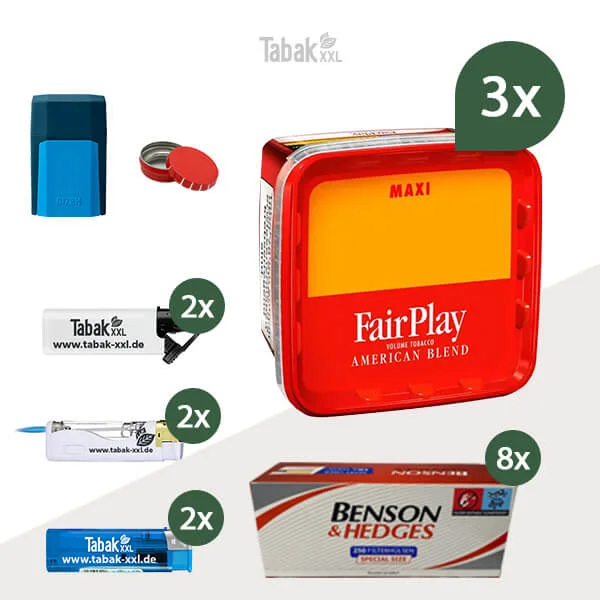 3x FairPlay Volumentabak Maxi Box mit 2000 Special Size Filterhülsen und Etui