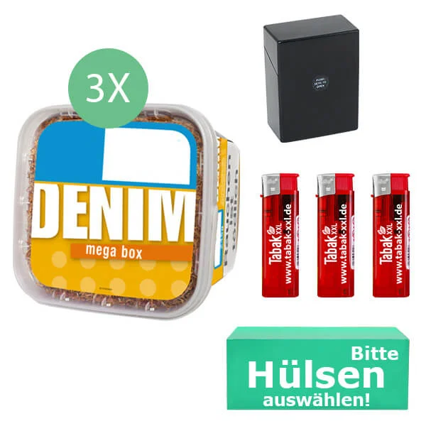 Denim Tabak 3 x Mega Box mit wählbaren Hülsen und Etui Denim Tabak 3 x Mega Box mit wählbaren Hülsen und Etui