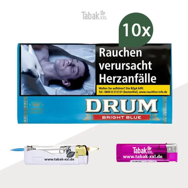 10x Drum Drehtabak Bright Blue Pouch mit Feuerzeugen