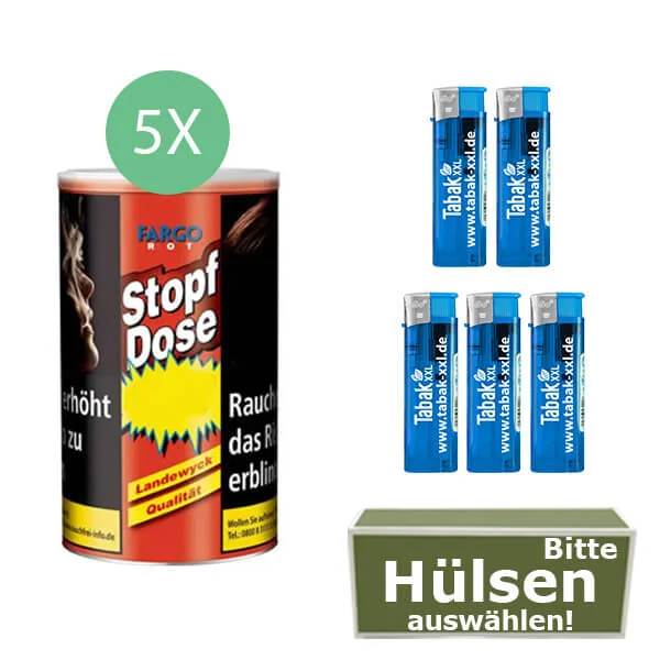 Fargo Tabak 5 x Stopf-Dose Red mit wählbaren Hülsen und Feuerzeugen Fargo Tabak 5 x Stopf-Dose Red mit wählbaren Hülsen und Feuerzeugen