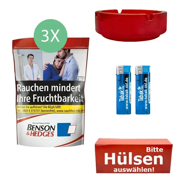 Benson & Hedges Tabak 3 x Beutel mit wählbaren Hülsen und Glasaschenbecher