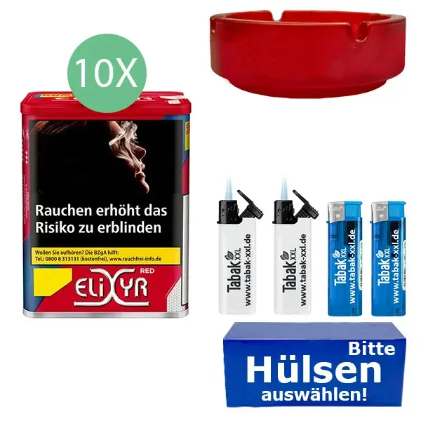 Elixyr Tabak Red 10 x Dose mit wählbaren Hülsen und Aschenbecher Elixyr Tabak Red 10 x Dose mit wählbaren Hülsen und Aschenbecher
