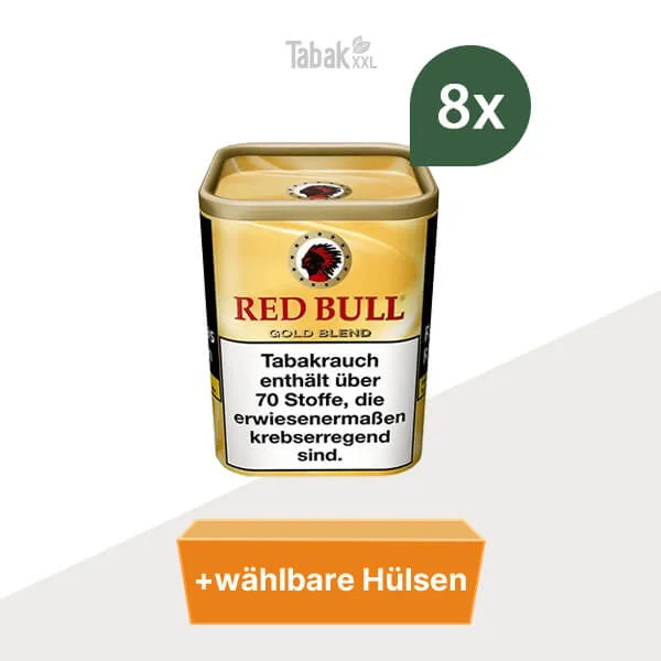 8x Red Bull Gold Blend Feinschnitt-Tabak Dose mit wählbarem Hülsen 8x Red Bull Gold Blend Feinschnitt-Tabak Dose mit wählbarem Hülsen