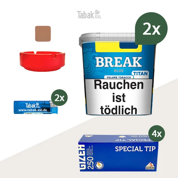 2x Break Volumentabak Blue Titan Box mit 1000 Special Tip King Size Hülsen 2x Break Volumentabak Blue Titan Box mit 1000 Special Tip King Size Hülsen