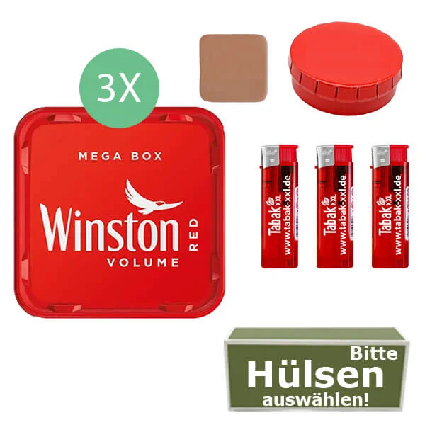 Winston Tabak Red 3 x Mega Box mit wählbaren Hülsen und Aschenbecher