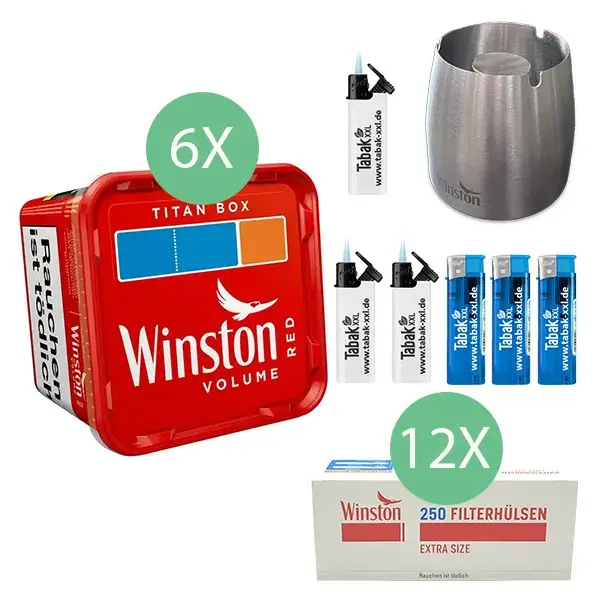 Winston Volumentabak Red 6 x Titan Box mit 3000 Extra Size Filterhülsen und Metallaschenbecher 