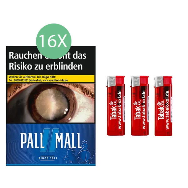 16x Pall Mall Zigaretten Blue Giga + 3x Elektro-Feuerzeuge 16x Pall Mall Zigaretten Blue Giga + 3x Elektro-Feuerzeuge