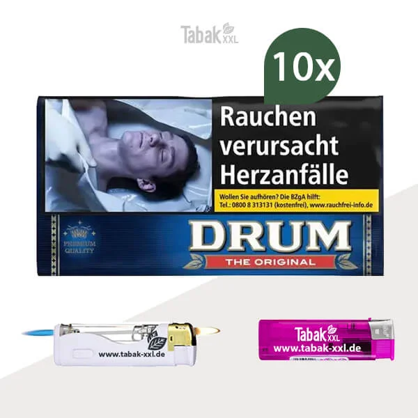 10x Drum Drehtabak Original M Pouch mit Feuerzeugen