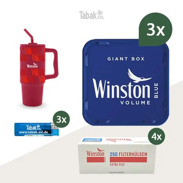 3x Winston Volumentabak Blue Giant Box mit 1000 Extra Size Filterhülsen und Trinkbecher