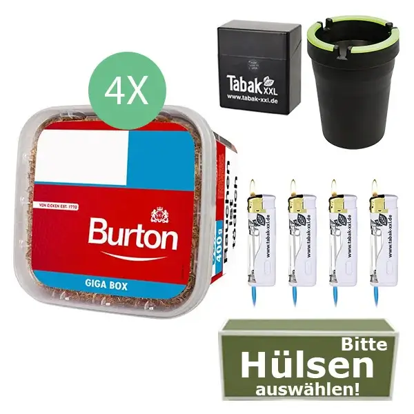 Burton Tabak Red 4 x Giga Box 400g mit wählbaren Hülsen und Etui Burton Tabak Red 4 x Giga Box 400g mit wählbaren Hülsen und Etui