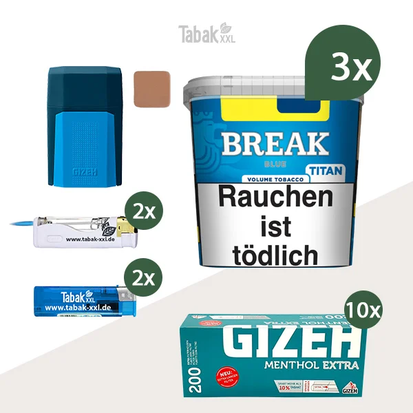 3x Break Volumentabak Blue Titan Box mit 2000 Menthol Extra Hülsen 3x Break Volumentabak Blue Titan Box mit 2000 Menthol Extra Hülsen